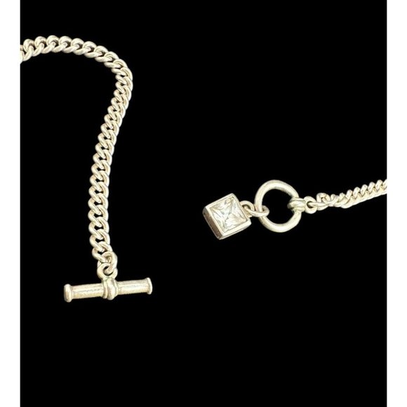 Necklace Sterling Silver Round Chain Link Square Cubic Zirconia Pendant Toggle - Picture 3 of 7